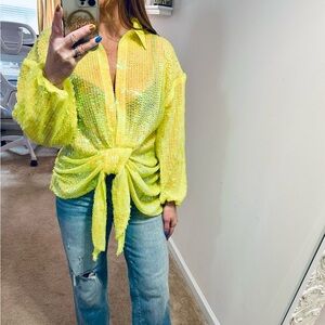 Neon Yellow Sequin Tie-Front Blouse